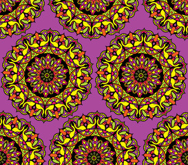 Seamless repeating pattern of colored mandalas