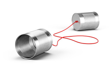Tin cans phone isolated on white. Communication concept. 3d rendering