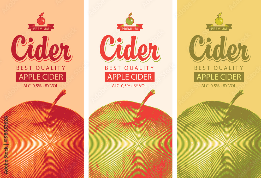 Poster vector set of labels for apple cider with a realistic image of an apple and calligraphic inscription