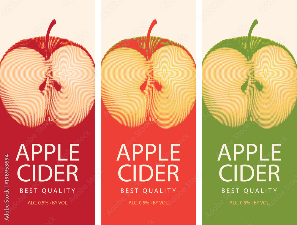 Poster vector set of labels for apple cider with realistic image of half an apple
