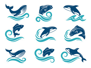Fototapeta premium Stylized pictures of marine animals. Sharks, fishes and others. Symbols for logo design