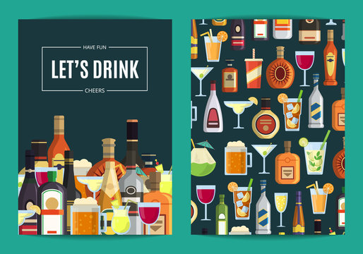 Vector card, flyer or brochure template for bar, pub or liquor store with alcoholic drinks in glasses and bottles