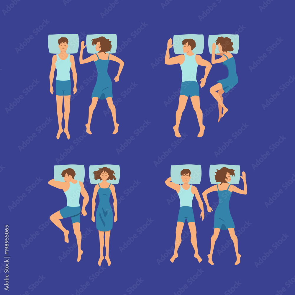 Sticker vector set of couple of man and woman sleeping on pillows poses illustration