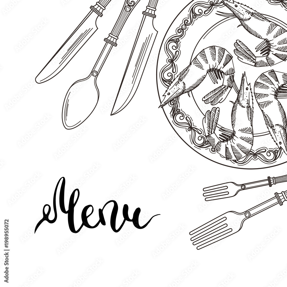 Poster vector background with hand drawn tableware elements in upper right corner with place for text