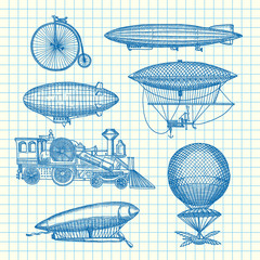 Vector set of steampunk hand drawn dirigibles, bicycles and cars on cell sheet illustration © ONYXprj