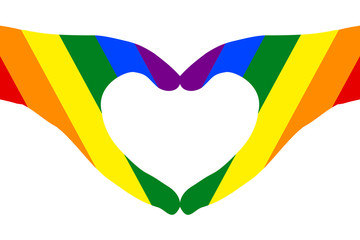 Hands in heart shape on white (transparent) background, painted rainbow color, symbol of LGBT / GLBT / LGBTQ pride flag, or lesbian, gay, bisexual, transgender, queer/questioning. Vector illustration.