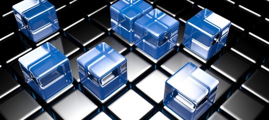 Blue glass cubes on black cubed surface - 3D rendering