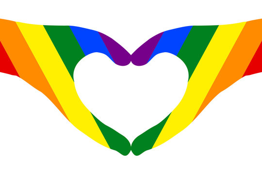Hands in heart shape on white (transparent) background, painted rainbow color, symbol of LGBT / GLBT / LGBTQ pride flag, or lesbian, gay, bisexual, transgender, queer/questioning. Vector illustration.