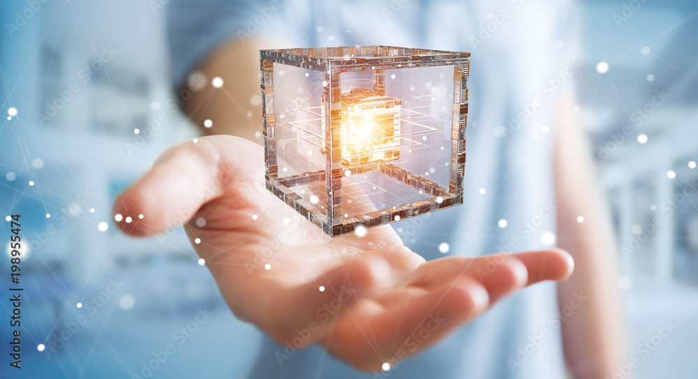 Poster businessman using futuristic cube textured object 3d rendering