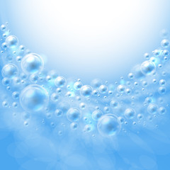 Bubbles. The flow of air bubbles in the water. Realistic transparent soap like frame on blue background circling in a circle. Bubbles is a transparent objects. Vector illustration.