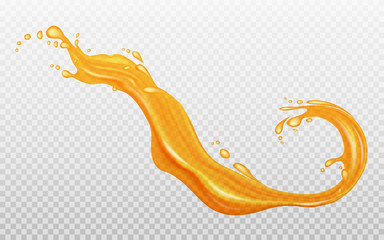 Transparent orange liquid splash. Juice background. Water, honey, oil, juice, beer, shampoo. Elements for your design. Vector illustration. 