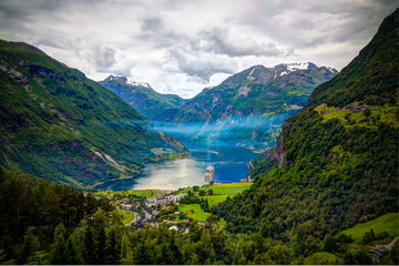 Aerial panorama view to Geiranger fjord and Trollstigen, Norway