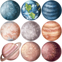 Set of Watercolor Planets. Hand Drawn Solar System © Nebula Cordata