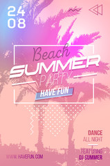 Fototapeta na wymiar Summer party invitation poster with palm tree silhouette and sunset. Modern summer background for party, invitation, posters etc. Vector ilustration