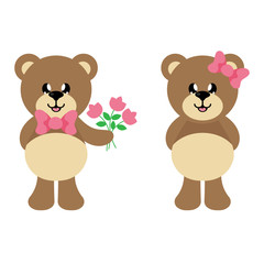 Naklejka na ściany i meble cartoon bear with tie with flowers and bear girl