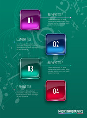 Infographics. Music concept. Realistic glass banners. Vector illustration