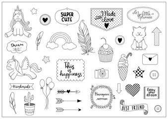 Set of outline objects - unicorn, cupcake, ice cream, rainbow etc.