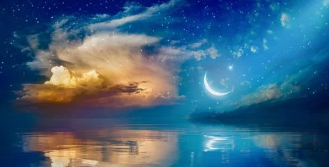 Foto op Plexiglas Ramadan Kareem background with crescent, stars and glowing clouds © IgorZh