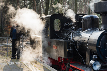 Fototapeta na wymiar Dampflok im Winter, Kleine Dampflokomotive mit weißem Rauch