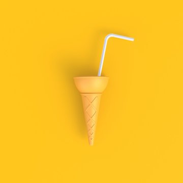 Ice cream cone with white drinking straws abstract minimal yellow background, Food concept, 3d rendering