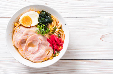 spicy miso udon ramen noodle with pork