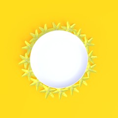 Flower with blank white dish abstract minimal yellow background, Food concept, Top view, Flat lay, 3d rendering