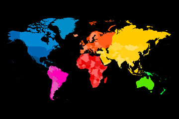Colorful map of World. Vector political map with different colors of each continent.