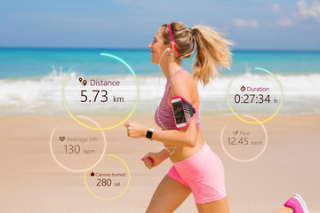Woman running, wearable tech concept