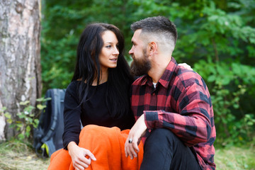 Young couple with calm faces have rest after hiking © be free