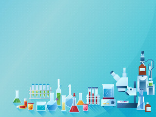 Medicine laboratory concept background with equipment and bottles. Color vector illustration in modern flat design