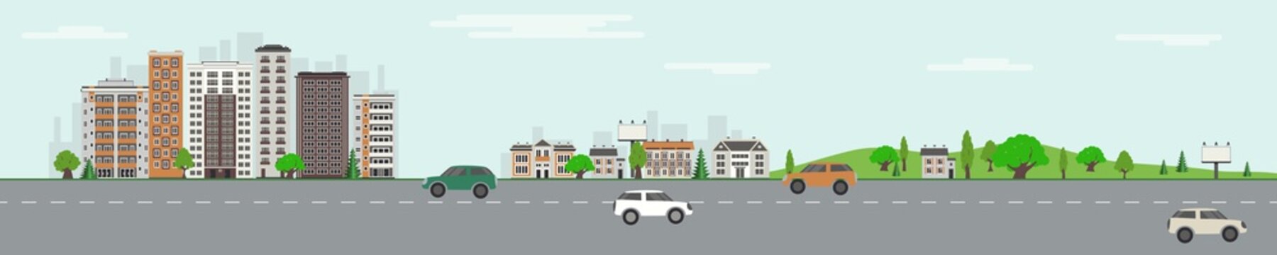 City skyline with skyscrapers, public park with green trees and lawn and road with vehicles on blue sky background with clouds in flat style. Colorful horizontal cityscape. Vector illustration.