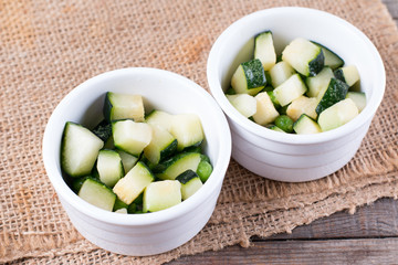 Zucchini cubes in baking dish