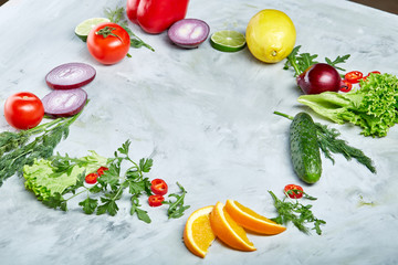 Frame made of fruits and vegetables on white background, copy space, selective focus, flat lay, close-up