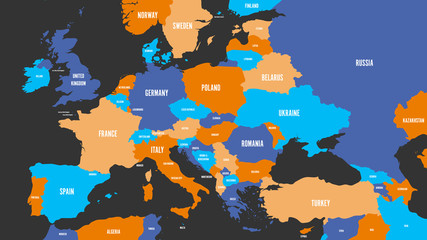 Political map of Europe continent in four colors with white country name labels. Vector illustration. © pyty
