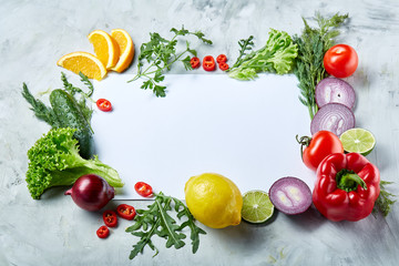 Frame made of fruits and vegetables on white background, copy space, selective focus, flat lay, close-up
