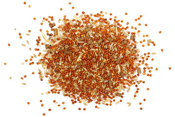Mixed bird seed, millet pile isolated on white background, top view