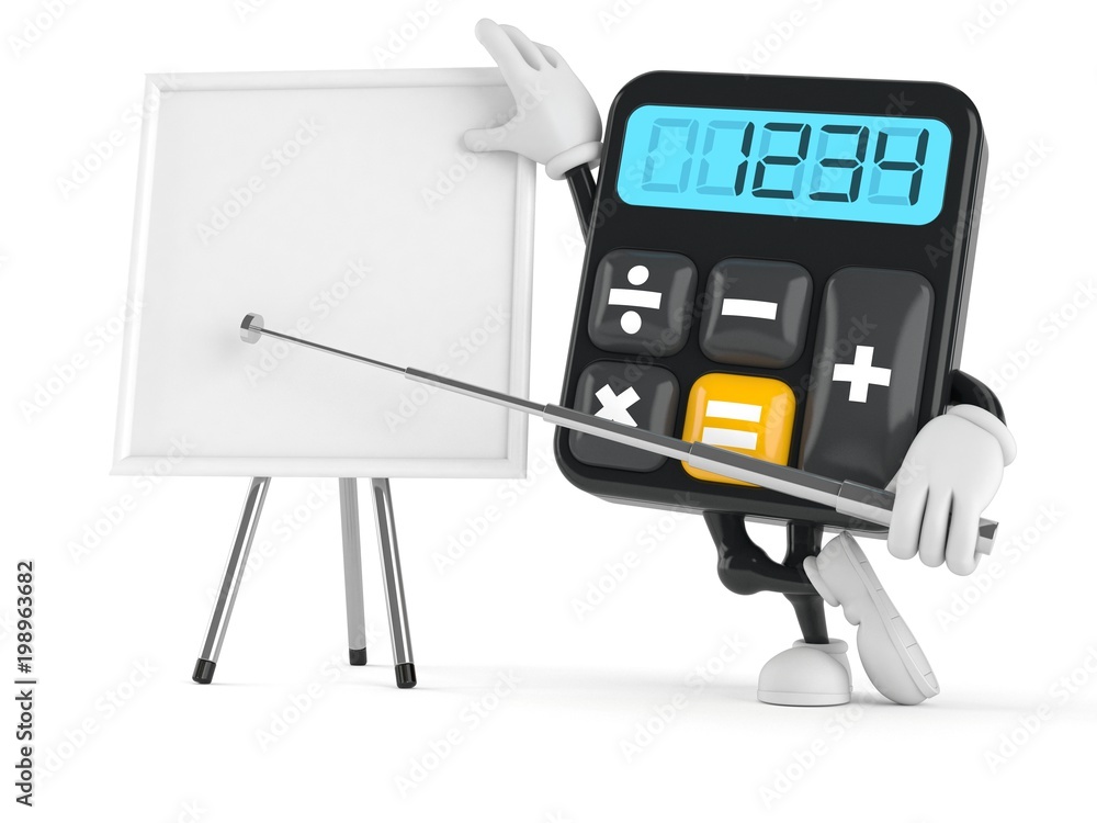 Wall mural calculator character with blank whiteboard