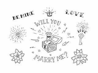 Set of hand drawn traditional tattoo elements. Vintage vector design for stickers ar prints.