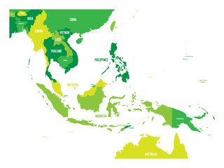 Map of Southeast Asia. Vector map in shades of green. © pyty