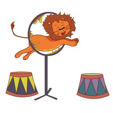 The lion in the circus jumps over the ring of fire