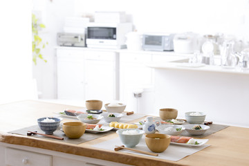 Fototapeta na wymiar Japanese breakfast prepared in the kitchen