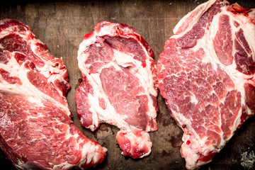 Raw beef steak on an old tray.