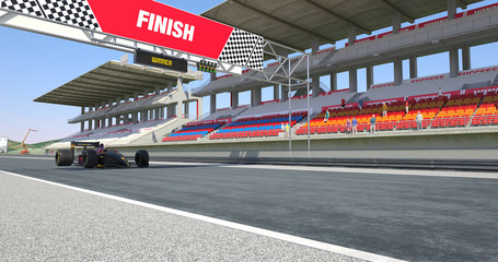 Racing Car Crossing Finish Line On Racing Track - High Quality 3D Rendering With Environment
