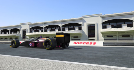 Racing Car Crossing Finish Line On Racing Track - High Quality 3D Rendering With Environment