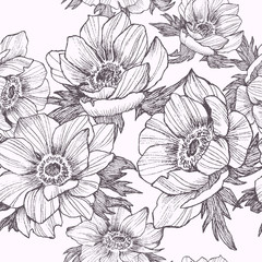 Vector vintage anemone seamless pattern. Hand drawn illustration. Great for wedding invitations, birthday, valentines, save the date and greeting cards. Engraved decor element
