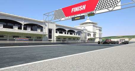 Racing Cars Crossing Finish Line On Racing Track - High Quality 3D Rendering With Environment