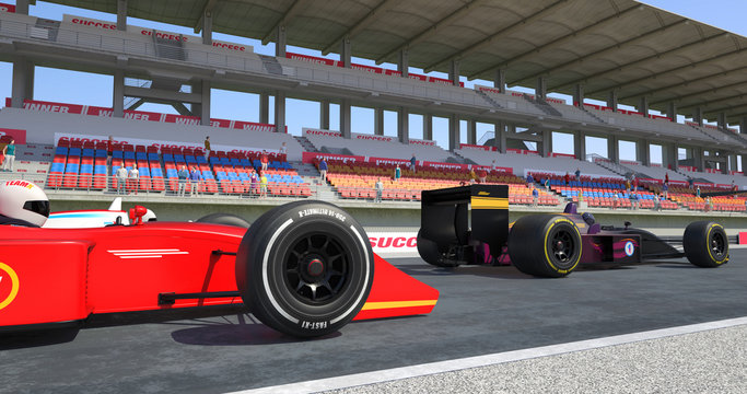 Racing Cars Crossing Finish Line On Racing Track - High Quality 3D Rendering With Environment