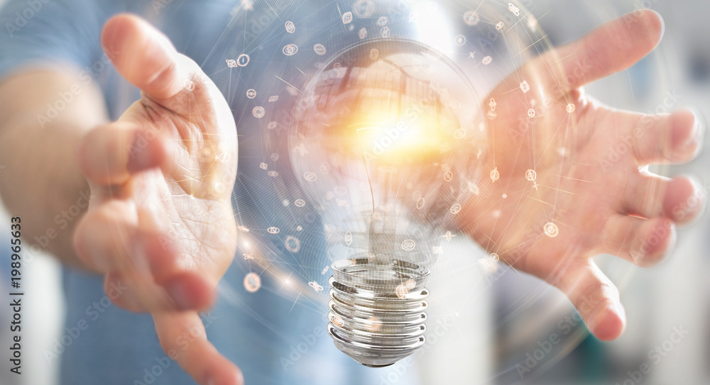 Poster businessman connecting modern lightbulbs with connections 3d rendering