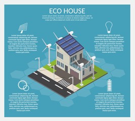 Isometric Ecology home low poly infographic concept of technology system vector set.