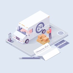 Fast delivery concept. Logistics and delivery isometric icons. Online shopping ecommerce concept isometric background